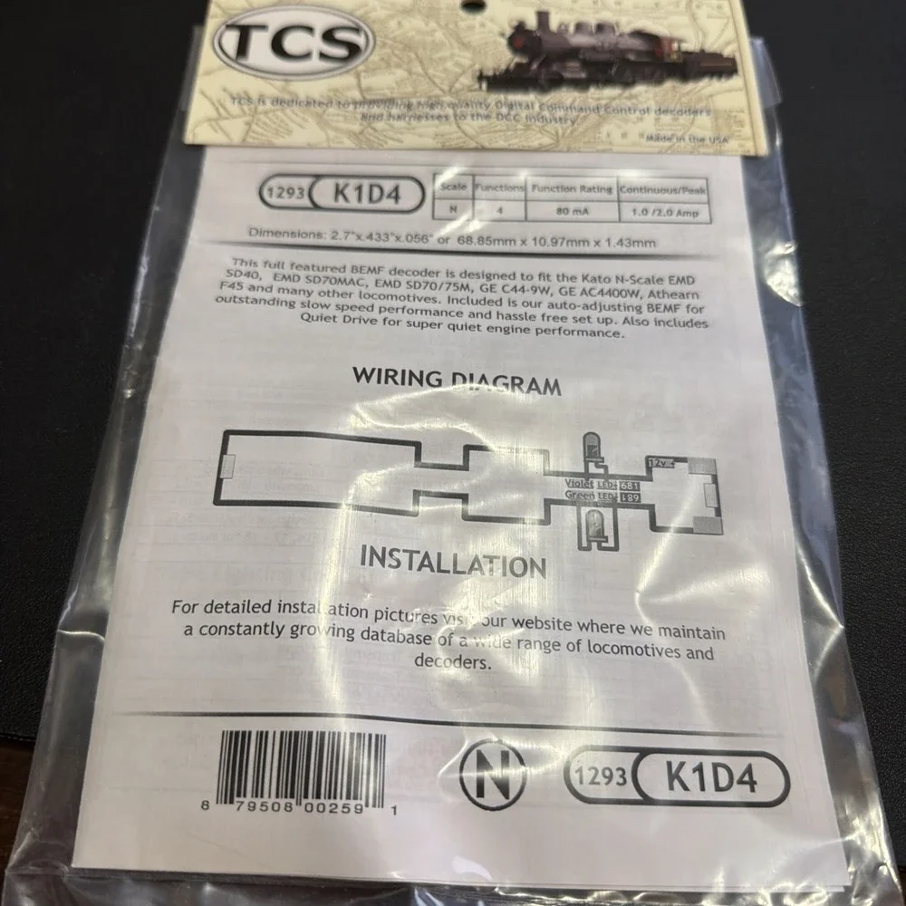 TCS #1293 K1D4 DCC Decoder for larger Kato N Diesel Locomotives NEW